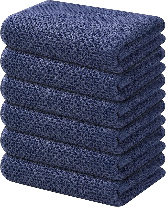 Kitinjoy 100% Cotton Waffle Weave Kitchen Hand Towels (13 X 28 Inches, Navy Blue), 6-Pack Super Soft and Absorbent Dish Towel for Drying Dishes