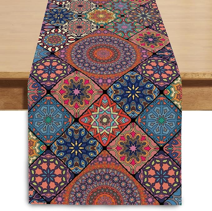 Boho Bohemian Table Runner 108 Inches Long, Vintage Seasonal Table Runners for Party Kitchen Dining Coffee Table Bedroom Indoor Outdoor, Machine Washable (Bohemian A, 13” x 108”)