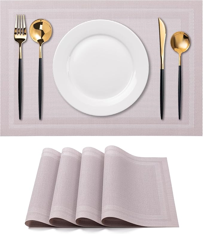 CADONO Placemats Set of 4 Washable Indoor/Outdoor Vinyl Place Mats for Dining Table Durable Non-Slip Heat Resistant PVC Weave Table Mats（Simple Style-Silver-Gray）