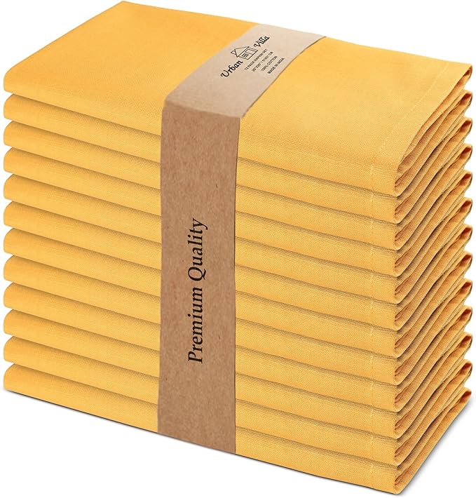 Urban Villa Cloth Napkins Set of 12 (20x20 Inches) 100% Cotton Napkins Cloth Washable Soft Durable Reusable Absorbent Table Dinner Napkins Cloth for Hotel Lunch Restaurant Weddings Parties - Mustard
