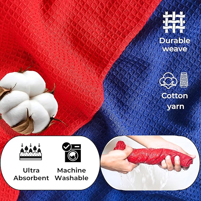 Highly Absorbent Cotton Dish Towels for Drying - Set of 3+3 - Royal Blue + Red Kitchen Towels - 18"X28" Lint Free Waffle Weave Cloth Linen Hand Bathroom Bulk Dishtowels