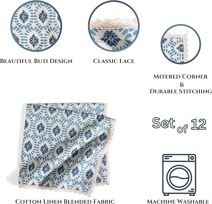 FINGERCRAFT Dinner Cloth Napkin Cotton Linen Blend 12 Pack Mitered Corners with Elegant Lace for Everyday Use Napkins are Pre Shrunk and Good Absorbency (Moroccan, 20in x 20in)
