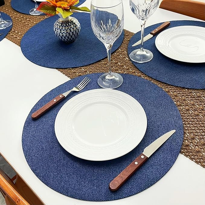 SLOW COW Linen Round Placemats for Dining Table Place Mats 15 inch Washable Set of 4 Dark Denim