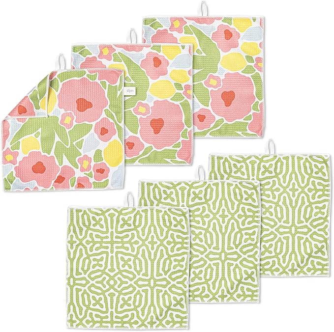 ELYN Microfiber Kitchen Dish Cloth Set, Quick-Dry & Absorbent Waffle Weave Cleaning Towels, Set of 6 Wash Cloths, Paper Towels & Sponge Alternative (Bold Floral & Geo)