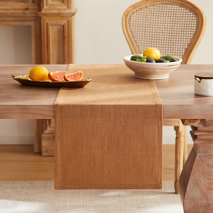 ZeeMart Rustic Cotton Linen Table Runner, 13x48 Inches Caramel, Farmhouse Style Caramel Table Runners 48 Inches Long, Washable Kitchen Dining Table Decoration for Home Party Decor