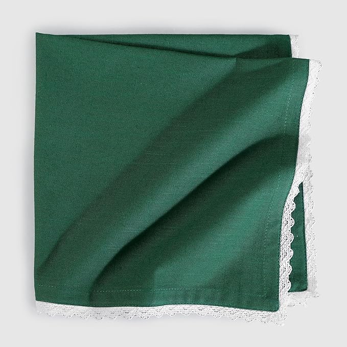 FINGERCRAFT Dinner Cloth Napkin Cotton Blend 4 Pack Vintage Rustic Premium Quality Mitered Corners Napkin Cloth with Elegant Lace for Everyday Use, Pre Shrunk and Good Absorbency 20x20 in Eden Green