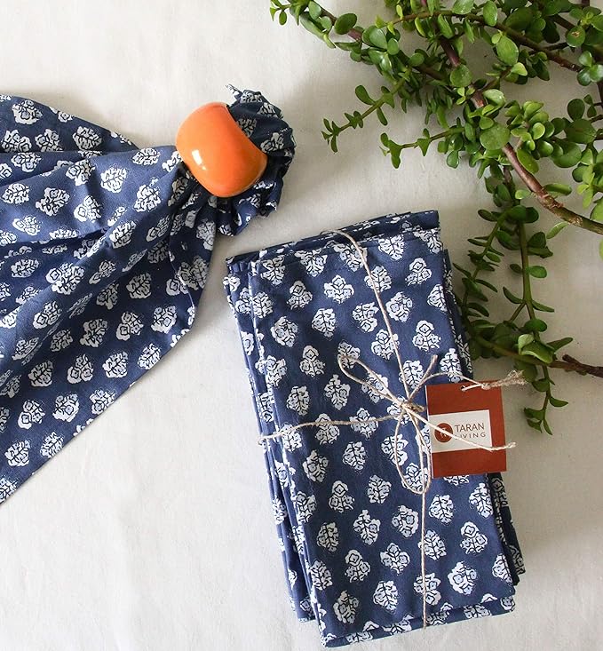TARAN LIVING Cotton Cloth Napkins Reusable Floral Napkin Printed Dinner Napkin Set Cloth Daily Use Machine Washable Dish Cloth Gift for Valentine Home Decor Set of 12, Indigo Blue, 18x18 Inches