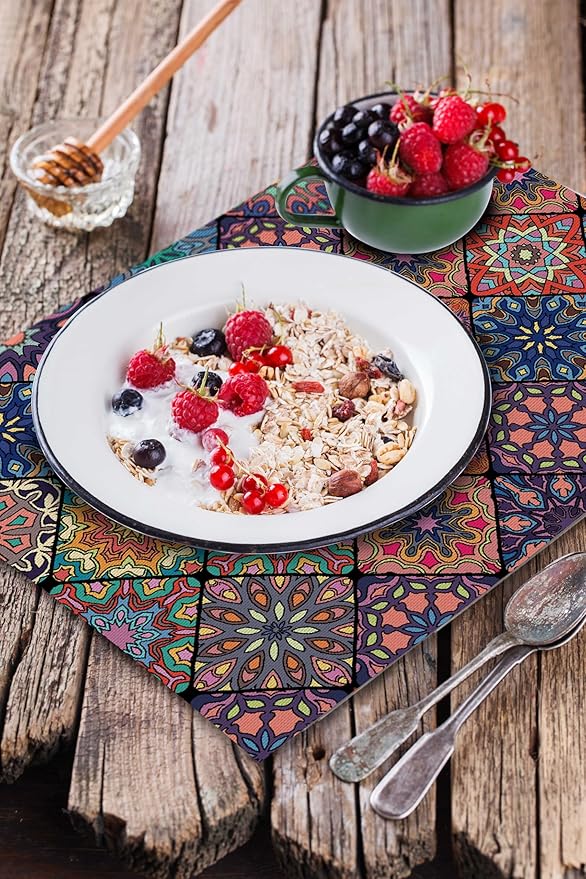 Boho Bohemian Placemats Set of 4, Vintage Seasonal Washable Linen Table Mats for Dining Table Decorations (Bohemian A, 12” x 18”)