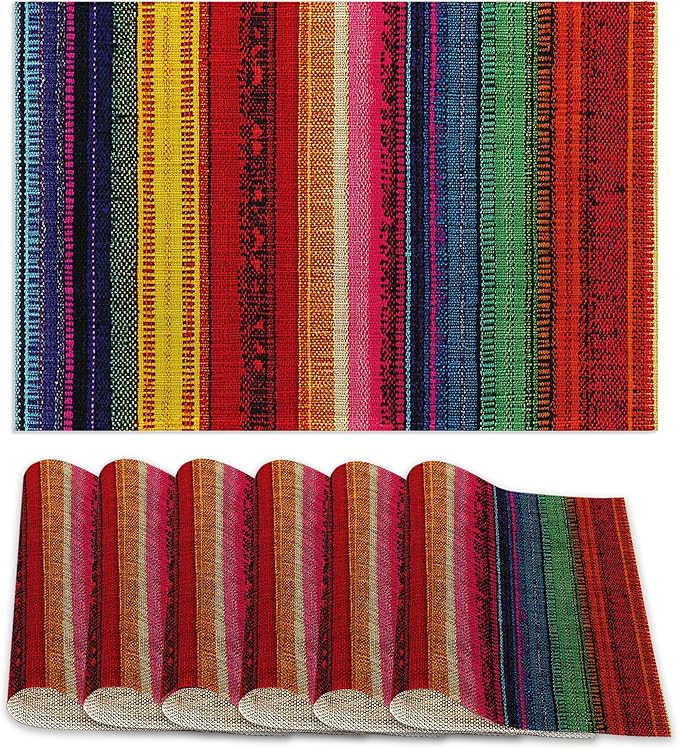 Mexican Placemats Set of 6,Ethnic Stripes Rainbow Table Mates Non-Slip Heat Resistant Washable Linen Place Mats for Party Kitchen Dining Decoration Indoor Outdoor 12"x18"