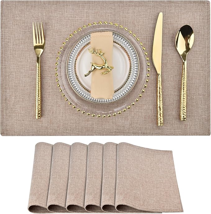 SLKQG Linen-Look Placemats Set of 6, Heat Resistant & Machine Washable Double-Layered Cloth Placemats for Dining Table, Indoor/Outdoor Use, Non-Slip Kitchen Table Mats (6, Natural Linen)