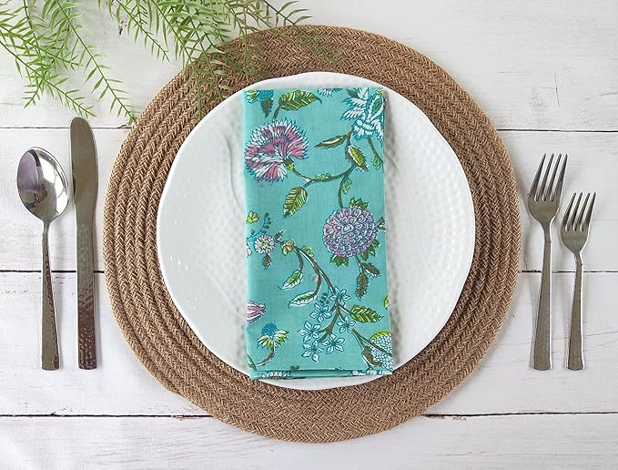 Craftbot Soft Washable Thin Cotton Dinner Napkins 18x18 inches - Set of 6 - Everyday Use or Dinner Party and Events - Sea Green and Turquoise and Yellow Floral Lightweight Indian Block Print Fabric