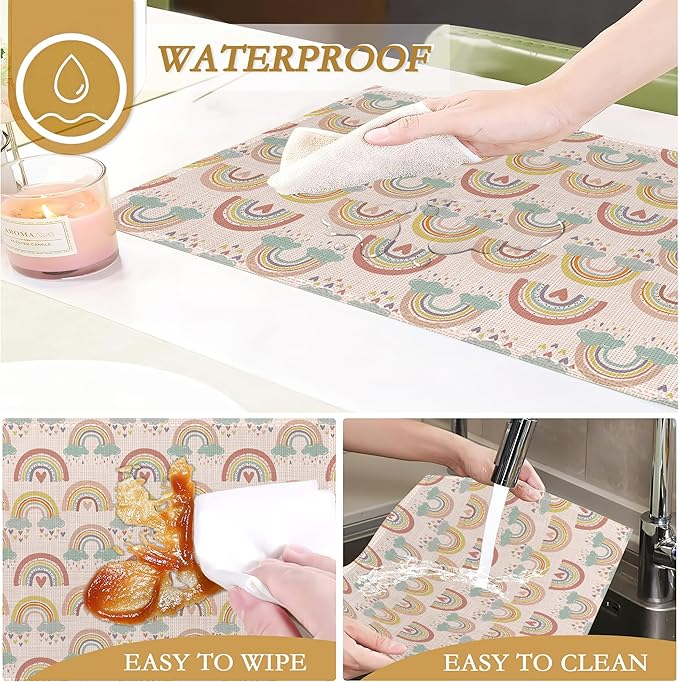 Rainbow Heart Placemats,Boho Whimsical Table Mats Set of 6,12x18 Inch,Waterproof Oil-Proof Washable and Reusable Linen placemats Holiday Party Kitchen Table Decorations