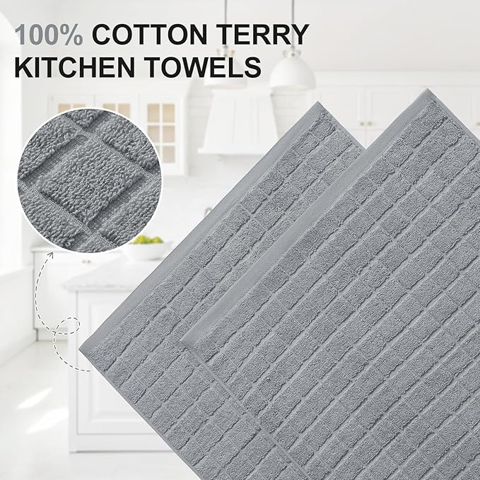 Homaxy Premium Cotton Kitchen Towels 16"x 28", Large Natural Ring Spun 390 GSM Dish Towels, Super Absorbent Terry Kitchen Hand Towels, Soft Tea Towels with Hanging Loop, Pure Grey Design, 6 Pack