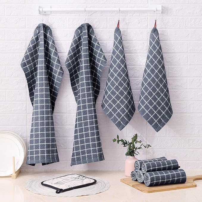 Homaxy 100% Cotton Kitchen Towels 4 Pack-15 X 25 Inches, Check Design Waffle Weave Hand Tea Towels, Super Soft and Absorbent Dish Towel for Drying Dishes, Grey