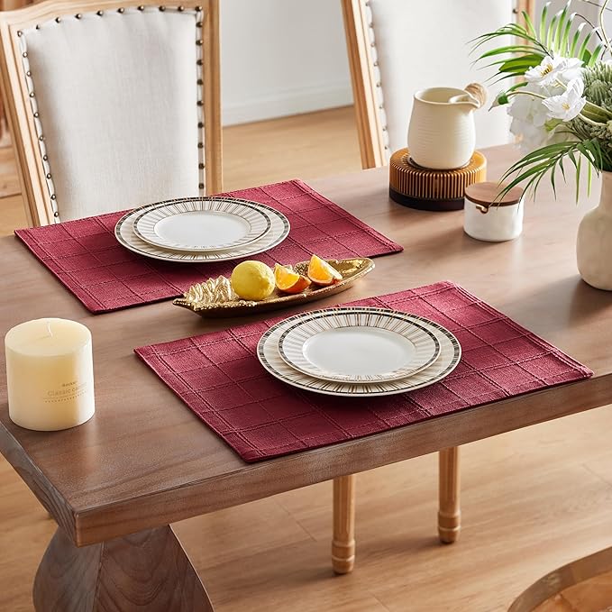 ZeeMart Linen Checked Placemats Set of 6, Plaid Embroidery Textured Table Mats, Double Layer Thick Farmhouse Rustic Place Mats for Kitchen Dining Table Home Decor, Burgundy 13x19 Inch