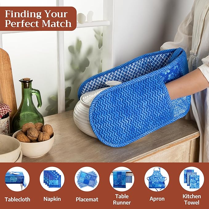 Maison d' Hermine Double Oven Mitts 100% Cotton 7"x35" Double Oven Mitt Heat Resistant BBQ Cooking Gloves with Loop Baking Grilling Gifts for Mothers Day Spring Summer (Indigo Love)