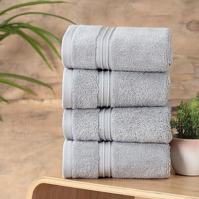 Milara Turkish Super-Plush Wash Cloths Set 4-Piece | Premium 100% Cotton Washcloths Absorbent, Durable with Hanging Loops | Silver Gray Bath Washcloths, (13 x 13 Inch)