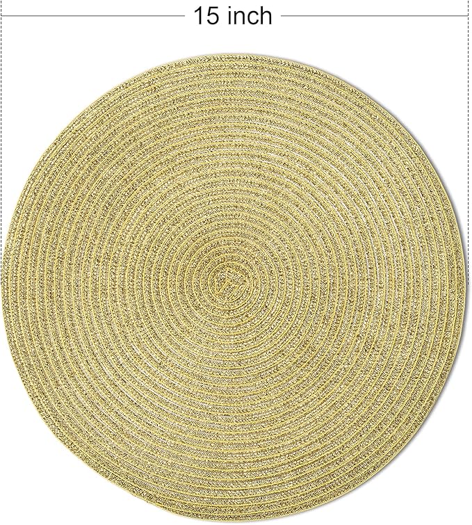 FunWheat Round Braided Placemats Set of 6 Table Mats for Dining Tables Woven Washable Non-Slip Place mats 15 inch(Shining Gold, 6pcs)