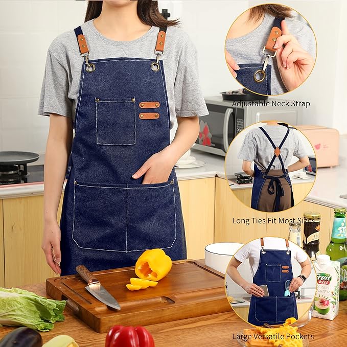 Tosewever 2 Pack Canvas Cross Back Chef Apron for Men Women with Pockets, Cotton Tool Aprons for Cooking Kitchen BBQ Artist