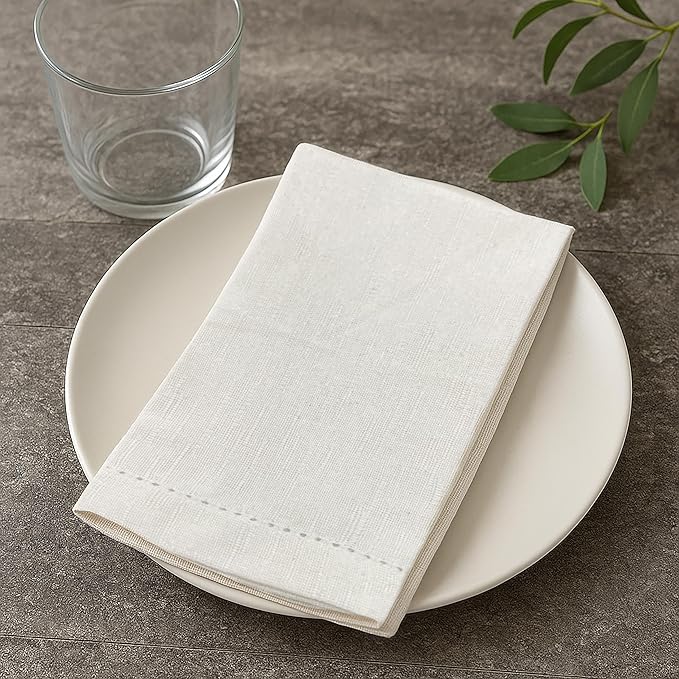 Ramanta Home Hemstitched Dinner Napkins Set of 12 -White, 18x18 Inch- Premium Textured Cotton Soft Cloth Napkins- Use Reusable Slub Fabric Table Napkins for Everyday Dining, Weddings, Spring & Easter