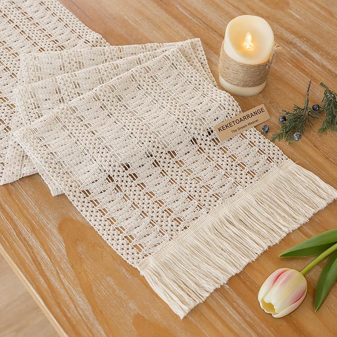 Keketoarrange Spring Boho Table Runner White for Home Decor 12x60 Inches Farmhouse Small Macrame Woven Burlap Jute Rustic Coffee Table Runner Dresser Scarf Dining Kitchen Centerpiece Bohemian Decor