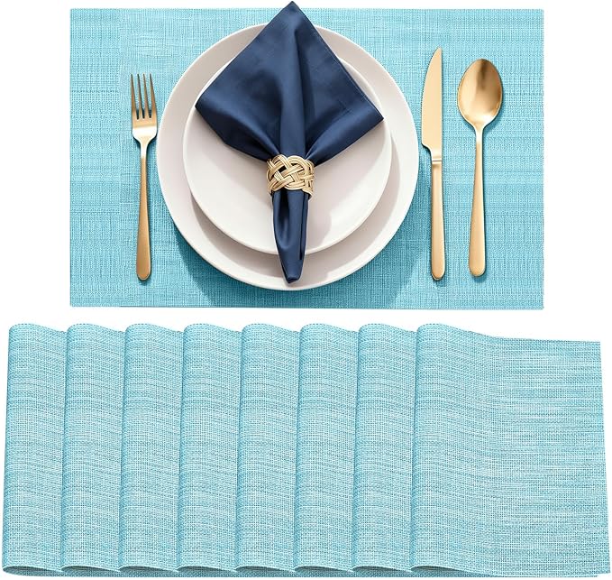 Durable Vinyl Placemats Set of 8, Non-Slip for Dining Table Mat, Heat Resistant Place Mats, Washable Anti-Slip PVC Easy to Clean Wipeable Premium Plastic Mats for Kitchen Blue