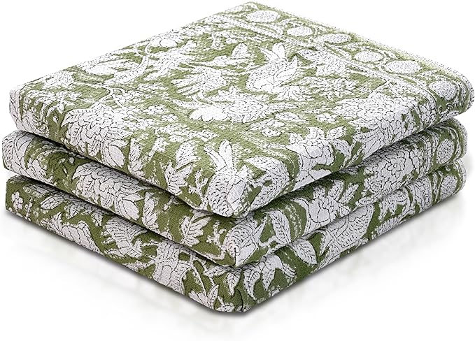 CPC Olive Green Hand Block Print Waffle Kitchen Towel Set of 3-16 x 28 Inch Ultra Absorbent Quick Dry Cotton Lightweight Reusable Sustainable Tea Towels for Cleaning and Drying Gift for Christmas