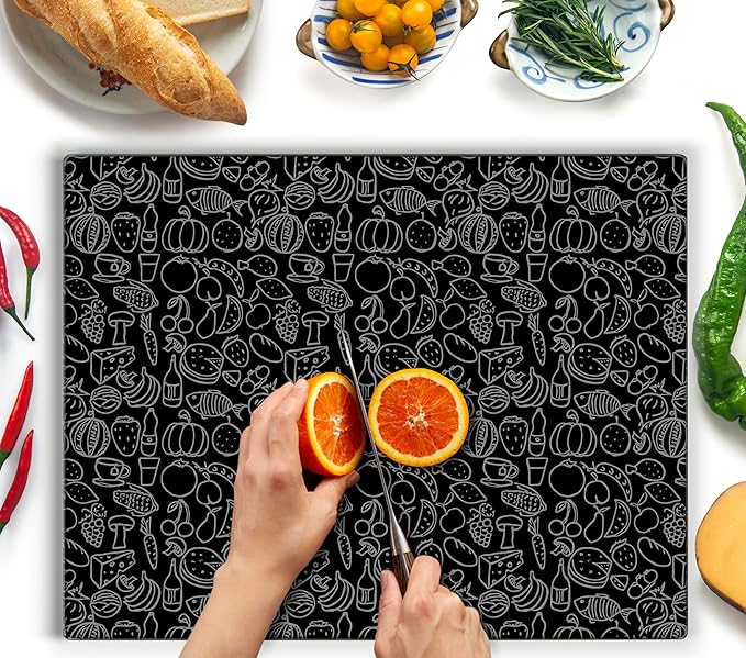 Kitchenville Glass Cutting Board 20”x16”: Tempered Glass Kitchen Counter Protector - Durable- Scratch-Resistant, Heat-Proof - Design 4 - Black Design