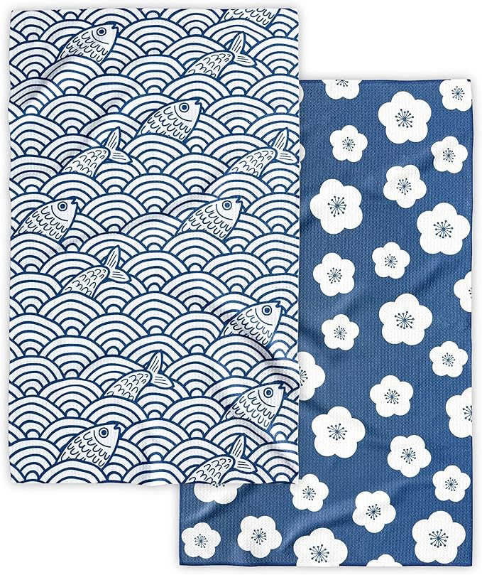 Eulnars Kitchen Towels, Premium Dish Towels for Kitchen Drying, 18" x 30" Tea Towels, Quick Dry Microfiber Dish Cloths, Ocean Sakura Series, 2-Pack