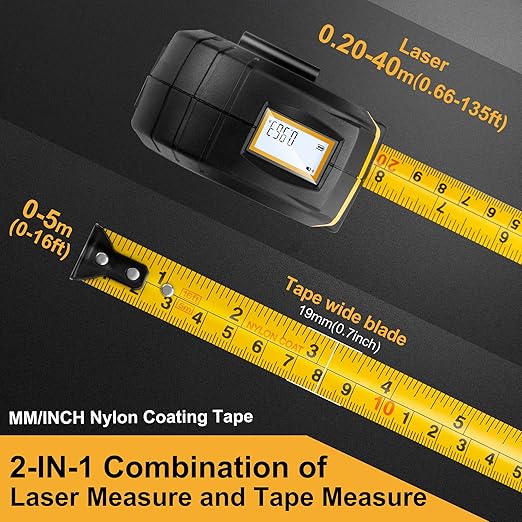 PREXISO 2-in-1 Laser Tape Measure - NOT Digital - 135Ft Laser Measurement Tool & 16Ft Measuring Tape with Auto Lock & Movable Magnetic Hook - Pythagorean, Area, Volume, Ft/Ft+in/in/M Unit-NOT Digital