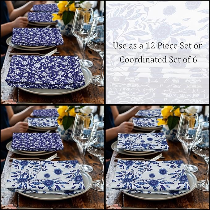COTTON CRAFT Cloth Napkins – Set of 12 Pure Cotton Twill 6 Blue on White & 6 White on Blue Printed Reusable Napkins with Mitered Corners – Dinner Lunch Soft Absorbent Machine Washable - 17 x 17