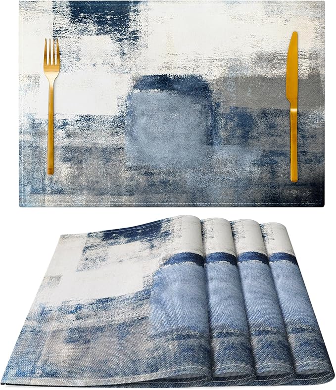 Blue and Gray Placemats Washable, Linen Rectangular Place Mats Set of 4, Dining Table Decor for Living Room, Kitchen, Farmhouse and Outdoor (White Gray, 12x18 Inch)