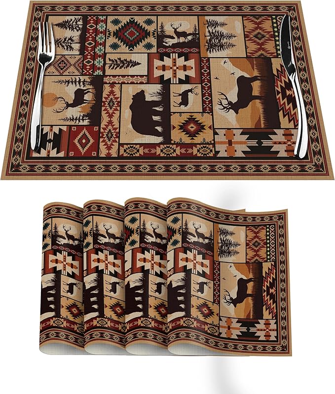 Rustic Brown Wildlife and Tribal Pattern Linen Placemats Set of 4, Heat Resistant Cute Bear Deer Table Mats for Dining Table Kitchen Party Cabin, Vintage Home Decor & Gifts for Outdoor Nature Lovers