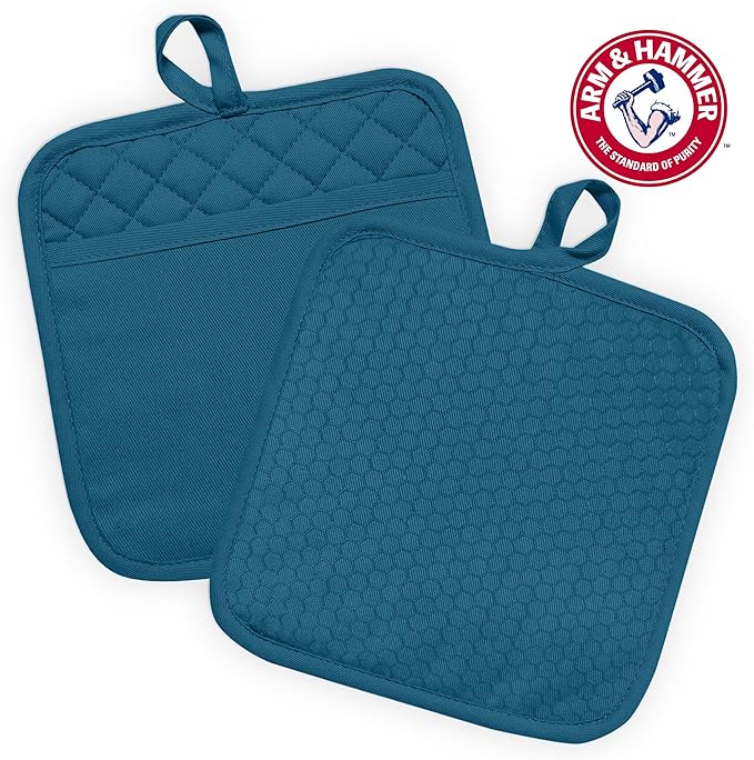 Arm & Hammer Quilted Pot Holders, Heat Resistant, Non-Slip Silicone Grip, 2 Pack, Navy