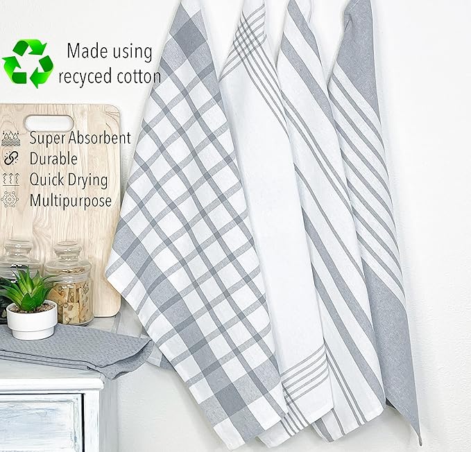 Chardin home Recycled Cotton 18x28 Inch Kitchen/Dish Cloths Set of 8 | 4 Assorted Woven Kitchen Towels & 4 Waffle Towels, Grey | Super Absorbent Reusable Hand and countertop Ultra Soft Tea Towels