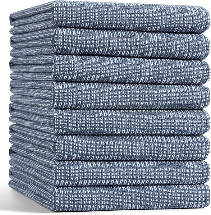Mordimy Premium Kitchen Towels 8 Pack (18 x 28 Inches, Navy Blue), Large Cotton Kitchen Hand Towel, Flat & Terry Dish Towels for Drying Dishes, Super Absorbent Tea Dishtowels Set with Hanging Loop