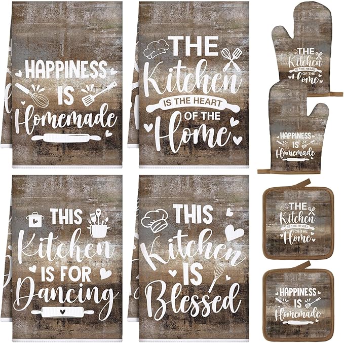Leinuosen 8 Pcs Kitchen Towels and Oven Mitts Sets Pot Holders Dishcloths Set Kitchen Decorative Accessories Absorbent Potholders Heat Resistant for Chef Baking Cooking