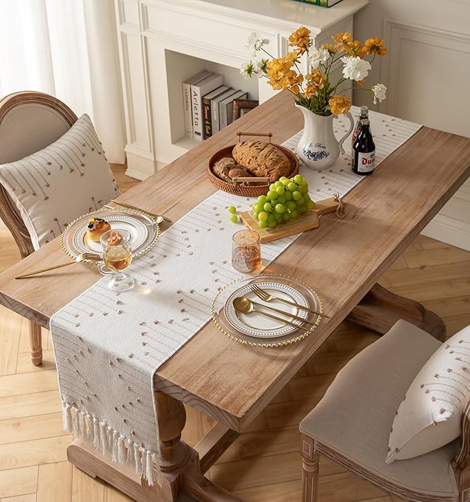 Boho Table Runner 13 x 48 Inch Long Natural Cotton Woven Runner with Tassels for Home Dining Table décor, for Modern Farmhouse Decor Coffee Table Runner, Taupe and Beige