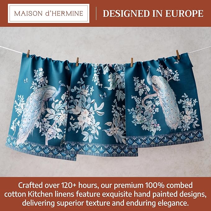 Maison d' Hermine Kitchen Towel 100% Combed Cotton Premium Easter Dishtowel (20 Inch by 27.50 Inch) Kitchen Towels for Dining, Home, Wedding, Buffet, Peacock Utopia - Deep Sea (Set of 3)