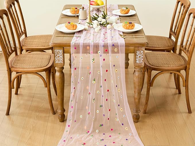 YATOJUZI Pink Table Runner Embroidery Daisy Summer Floral Decorations Seasonal Tulle Dining Table Runners for Home Kitchen Decor Wedding Shower Party