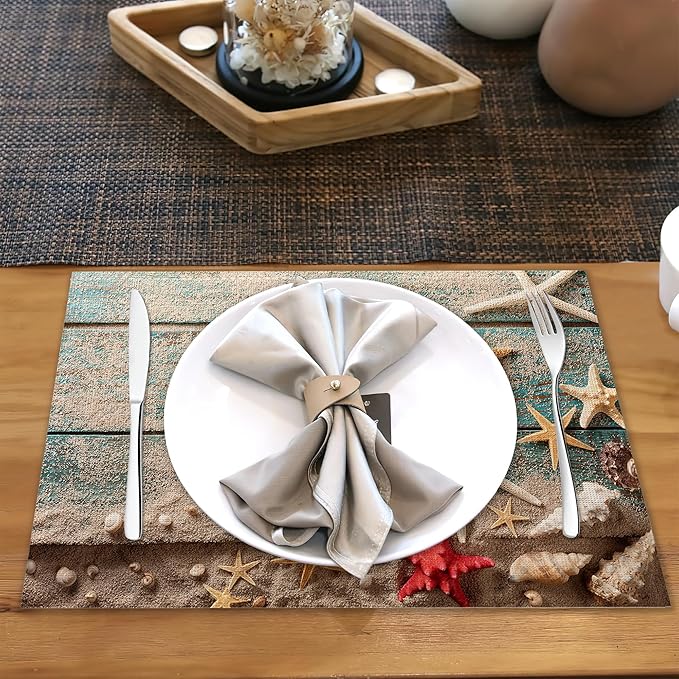 Beach Seashell Starfish Placemats Set of 6,Blue Wooden Heat Resistant Table Mats Washable Place Mats for Party Kitchen Farmhouse Home Dining Holiday Decor 12x18 Inch