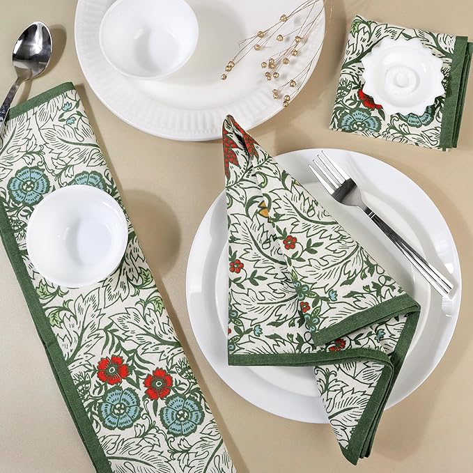 FINGERCRAFT Cloth Napkins, Set of 12 Cotton Linen Blend Printed Dinner Napkins Cloth Mitered Corner Perfect for Parties Dinners Weddings Cocktail Christmas Easter 20x20 Botanical Garden