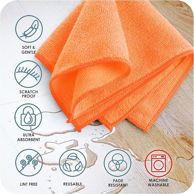 Hearth & Harbor Microfiber Cleaning Cloths - 144 Pack Washcloths, Orange Cleaning Rags, Reusable Towels, Lint Free