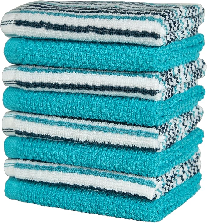 Bumble Premium Dish Cloths Towel 12"x12" | 100% Natural Ring Spun Cotton Tea Towel Set | 430 GSM | Highly Absorbent & Soft Dish Towels | 8 Pack - 4 Popcorn Striped & 4 Solid Kitchen Towels - Aqua