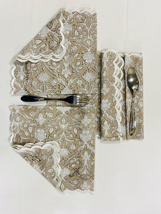 Ridhi Hand Block Print Taupe 18" x 18" (Set of 4) Embroidery Table Napkins Reusable Cotton Dinner Napkins for Weddings, Parties, Everyday Dining Gift for Spring, Easter, Valentine