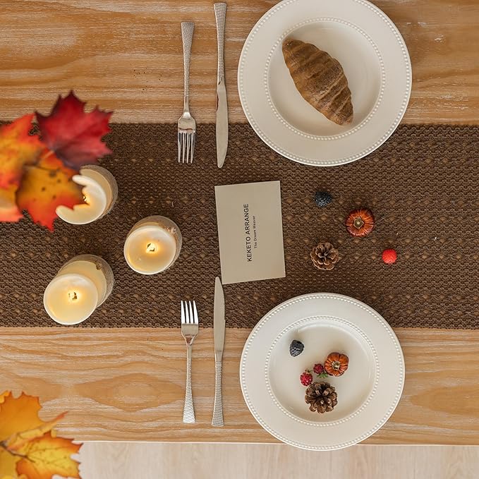 Keketoarrange Boho Brown Table Runner for Home Decor 13x72 Inches Farmhouse Small Macrame Woven Burlap Jute Rustic Coffee Table Runner Dresser Scarf Dining Kitchen Centerpiece Bohemian Decor
