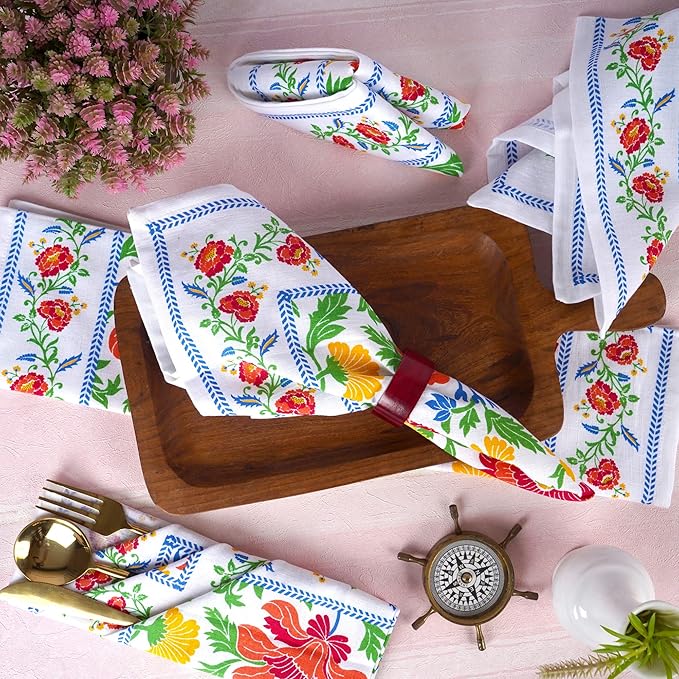 FINGERCRAFT Cloth Napkins, Set of Cotton Linen Blend Printed Dinner Napkins Cloth Mitered Corner Perfect for Parties Dinners Weddings Cocktail Christmas Easter 20x20 Persian Flora