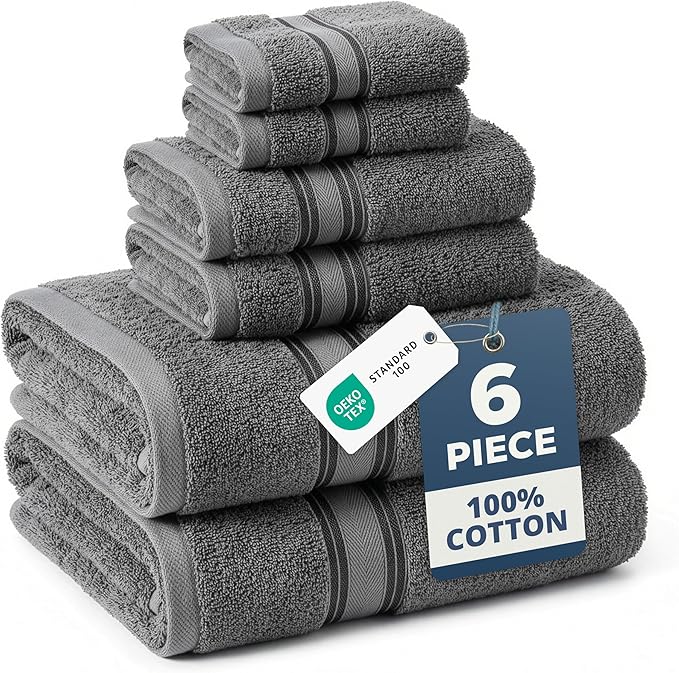 LANE LINEN Luxury Bath Towels Set - 6 Piece, 100% Cotton, Quick Dry, Soft & Absorbent, Zero Twist - 2 Bath Towels, 2 Hand Towels, 2 Washcloths - Cool Grey