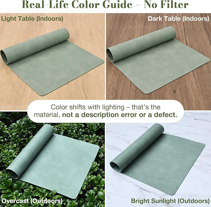 Roxifina Faux Leather Placemats Set of 4 - Vinyl Placemats Wipeable Waterproof Oil-Proof PU Place Mats Heat Resistant Reversible Table Mats for Dining, Kitchen, Outdoor, 12 x 17 Inch (Green)