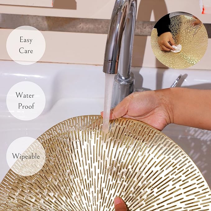 Snowkingdom Gold Placemats Round Set of 8, Gold Metallic Hollow Vinyl 15 Inch Round Placemat, Washable Wipeable Easy Clean Non Slip Stain Kitchen Dining Table Place Mats for Wedding Party Decoration